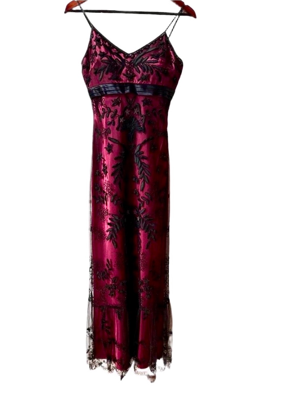 Sue Wong Wine Red Satin Maxi with Black Lace Overlay